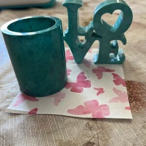 Teal Love Sculpture and Holder Set